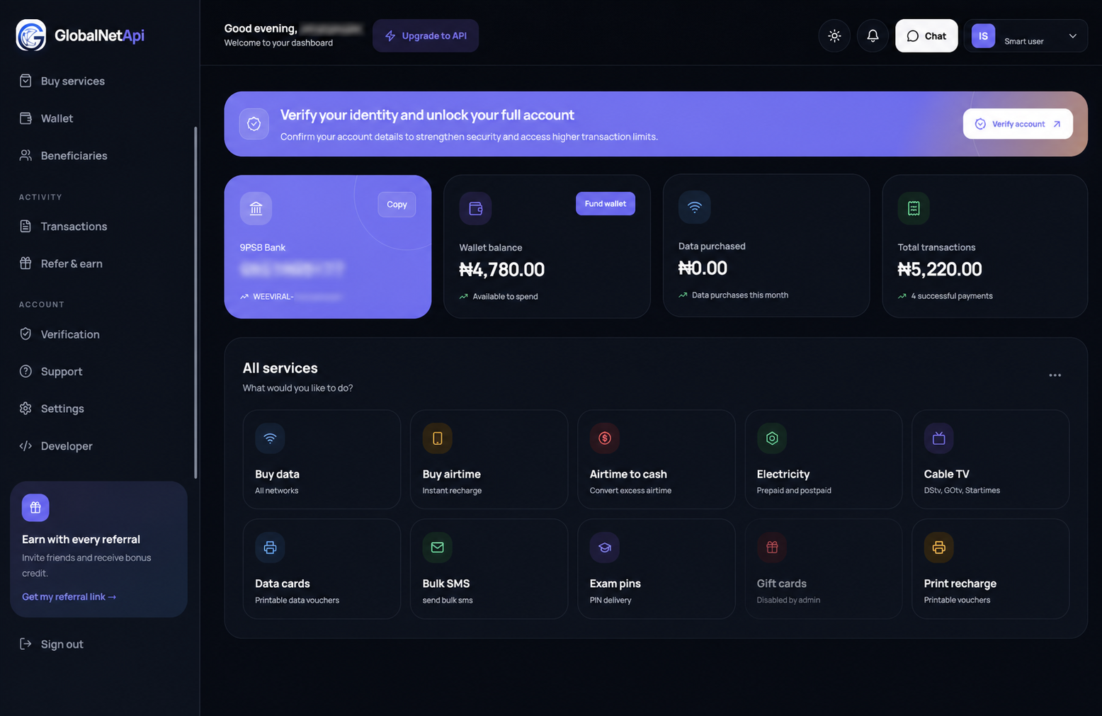 GlobalNetApi VTU dashboard in dark theme with all browser tabs and private account details removed