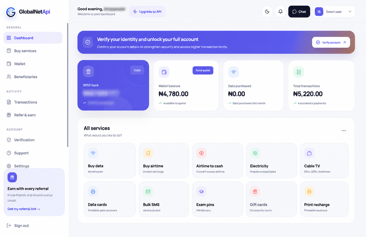 GlobalNetApi VTU dashboard in light theme with all browser tabs and private account details removed
